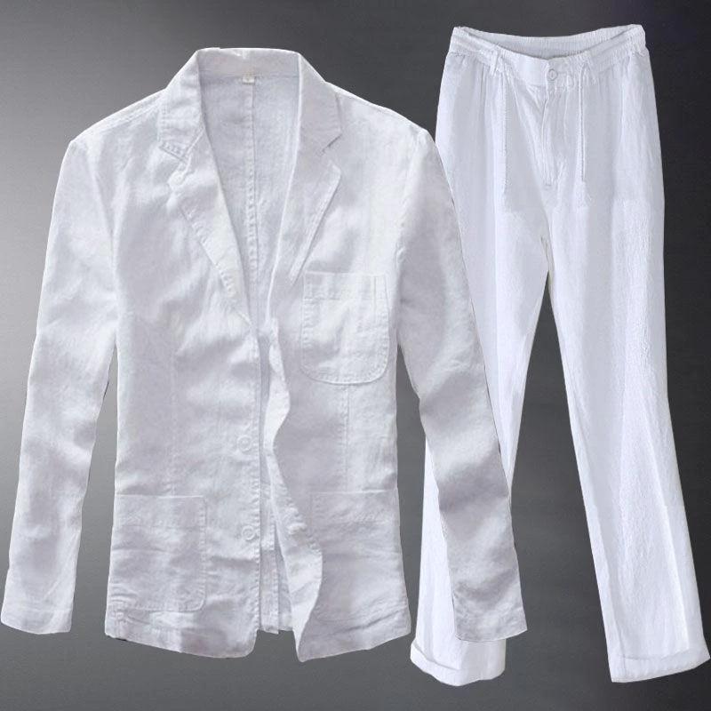 Men's Two-piece Retro Solid Color High-end Simple Casual Suit by GJG Denim