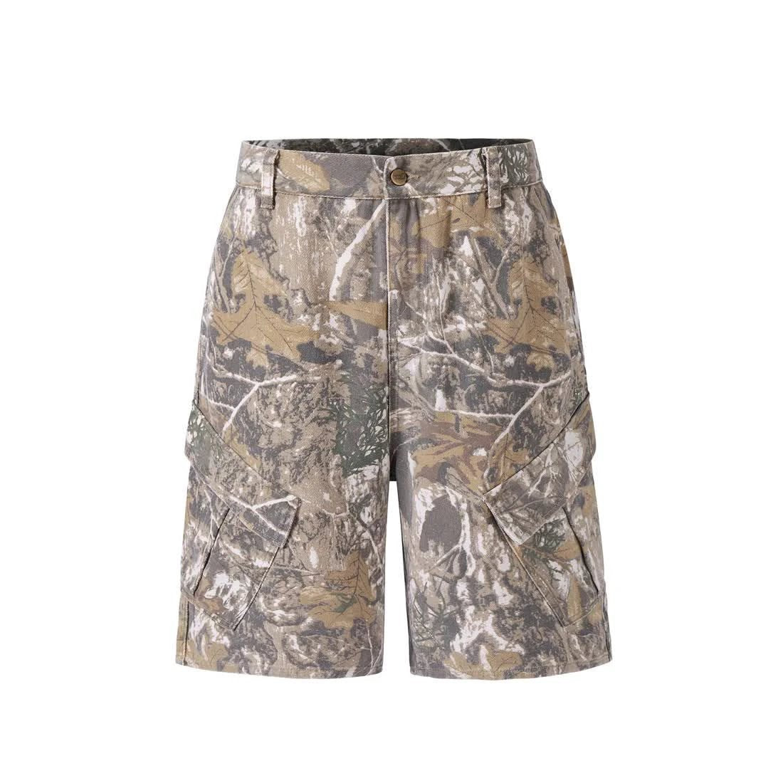 Retro Distressed Branch Camouflage Workwear Shorts by GJG Denim