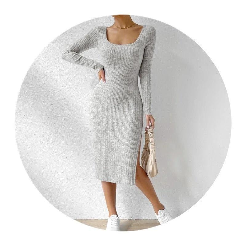 Square Collar Long Sleeve Hem Slit Slimming Dress by GJG Denim