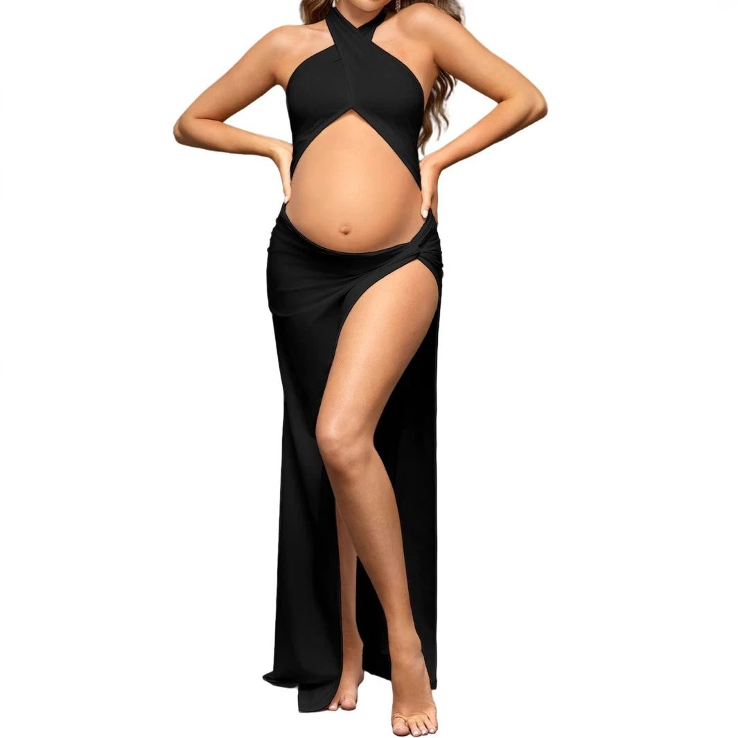 Slim Fit Pregnant Women Split Hollow Solid Color Dress by GJG Denim
