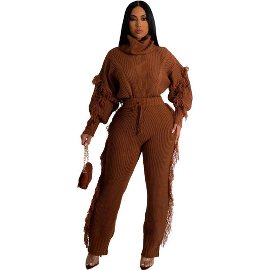 Casual Solid Color Knitted Long Sleeve Turtleneck Tassel Suit by GJG Denim