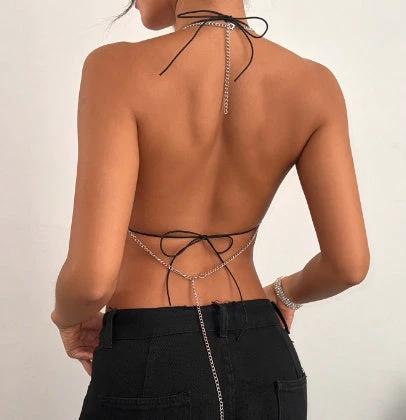 Sling Fishnet Rhinestone Halter Top Metal Decoration Two-piece Set by GJG Denim