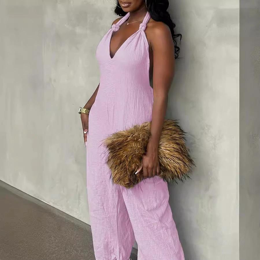 Long Linen Solid Color Jumpsuit With Belt by GJG Denim