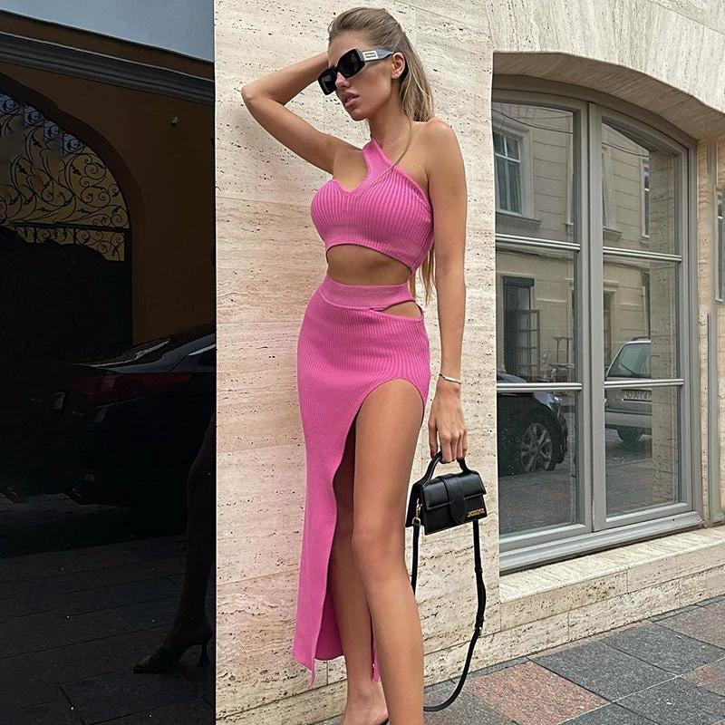 Women's Suits matching skirt crop top ribbed thigh.slit by GJG Denim