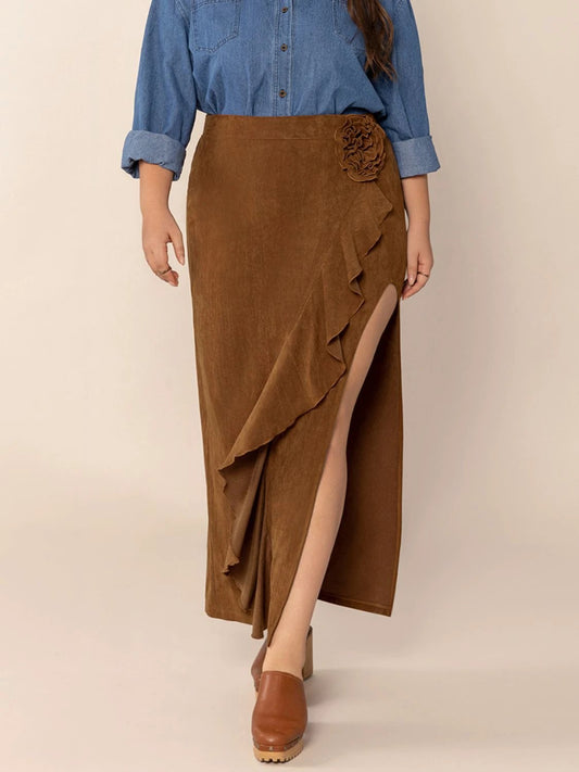 Plus Size Ruffled Slit High Rise Skirt by Lady Ros