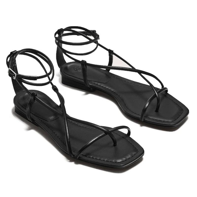Multi-strap Flat Cowhide Sandals Lace-up Fashion Sandals Women's Shoes by GJG Denim