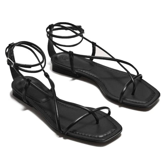 Multi-strap Flat Cowhide Sandals Lace-up Fashion Sandals Women's Shoes by GJG Denim