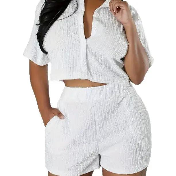 Fashionable Casual Short-Sleeve Shirt Set Single-Breasted Solid Color Pleated Two-Piece Suit by GJG Denim