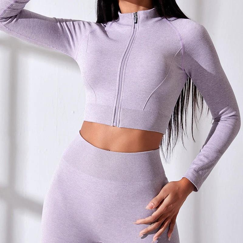 Seamless Yoga Clothes Zipper Tight Long Sleeve High Top Sports Workout Clothes Suit by GJG Denim