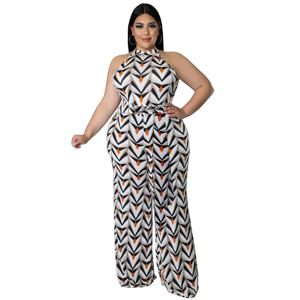Women's Casual Halter neck Printed Jumpsuit With Belt Plus Size by GJG Denim