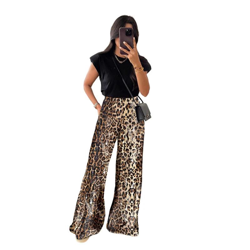 Fashion Leopard Print Sequined High Waist Straight Slim Fit Casual Trousers by GJG Denim