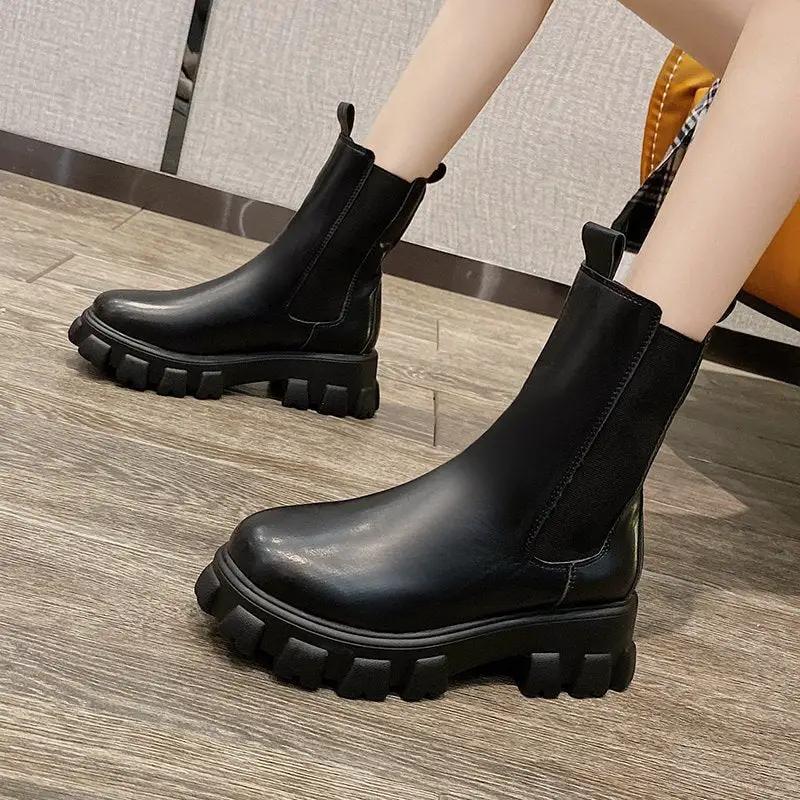 British Style Mid Calf Boots for Women - Autumn Winter Thick Sole Chunky Heel Ankle Boots by GJG Denim