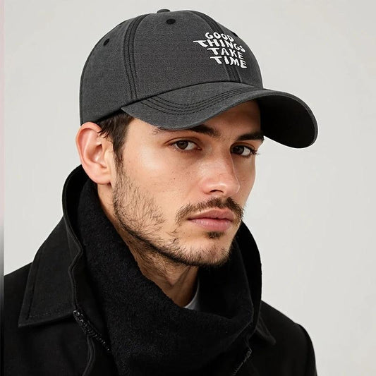 Men's "Good Things Take Time" Washed-out Vintage Baseball Cap Adjustable by GJG Denim