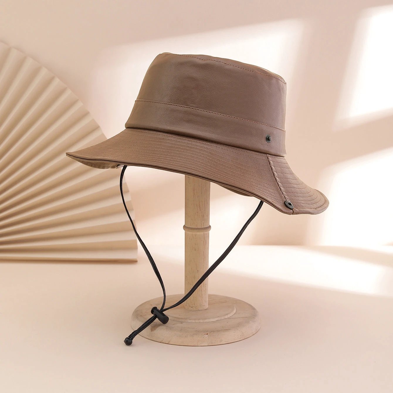 Solid-color Glossy PU Leather Windproof Wide-brimmed Sunshade, Sweet And Cool Street Style Fisherman's Hat, Daily Commuting, Outings, Shopping by GJG Denim