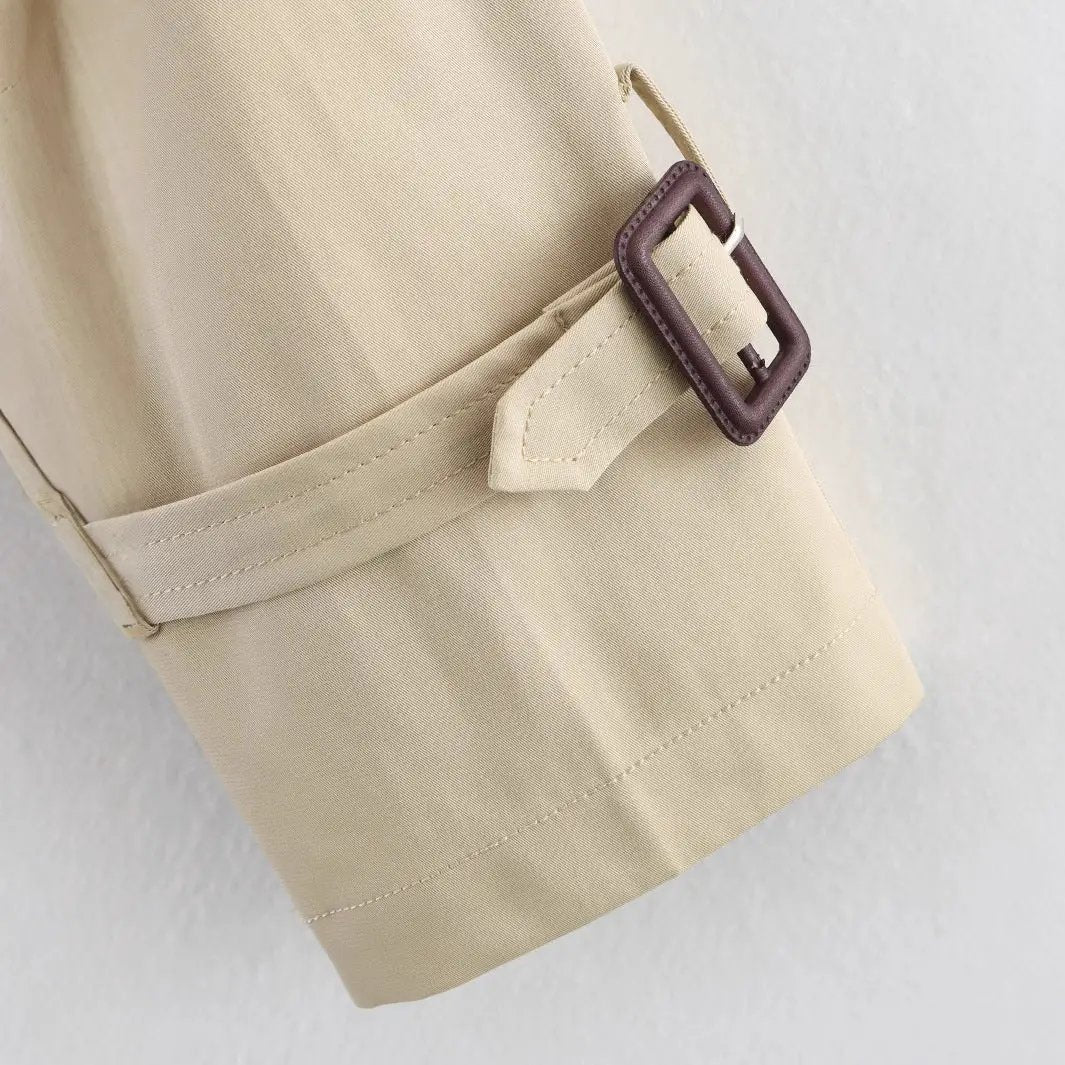 Notch-collar Short Trench Coat For Women With Belt Buckle Detailing by GJG Denim