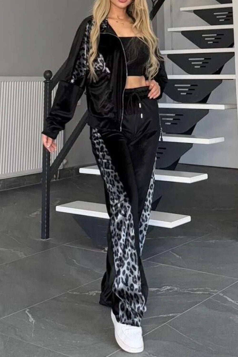 Full Size Collared Neck Leopard Zip Up Top and Pants Set Plus Size by Lady Ros