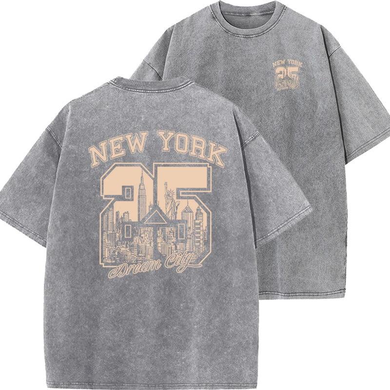 New Vintage Print Washed Short-sleeved T-shirt by GJG Denim