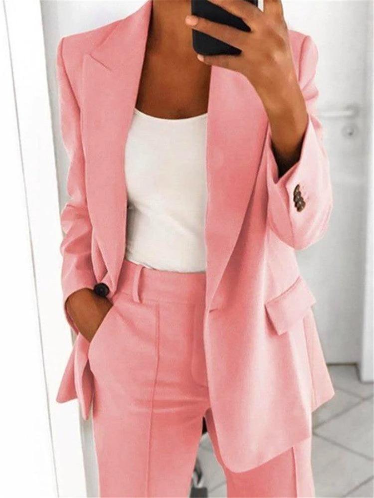 Ins Button Casual Suit Fashion Long-sleeved Lapel Blazer Jacket And Slim-fit Pocket Trousers For Women Clothing by GJG Denim