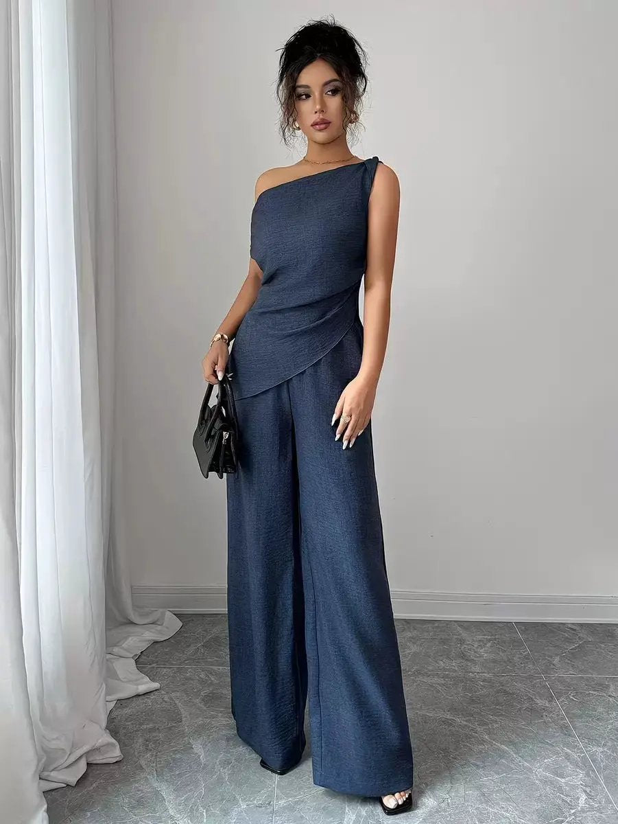 Solid-color Wide-leg Pants Suit For Women by GJG Denim