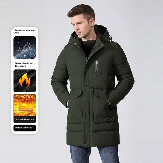 Men's Fleece-lined Thick Long Section Cotton-padded Coat by GJG Denim