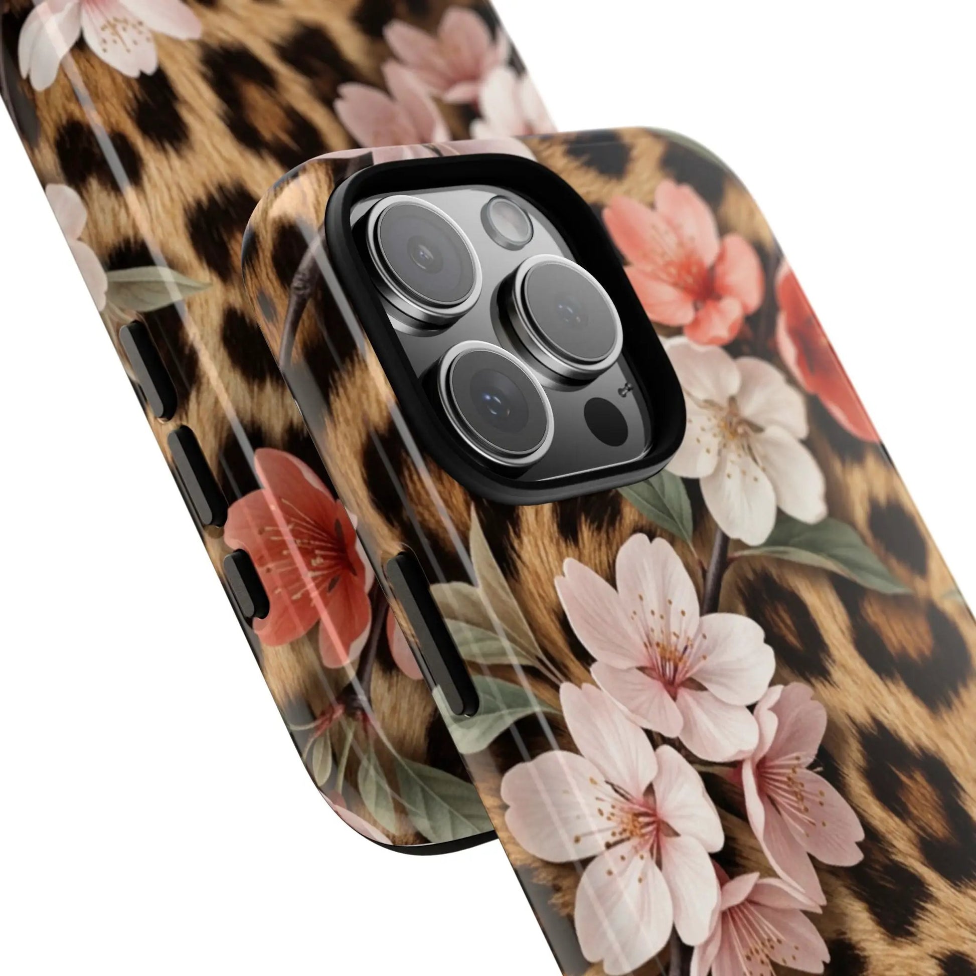 Leopard Floral Tough Case — Protective Phone Case with Pink Cherry Blossoms by Printify