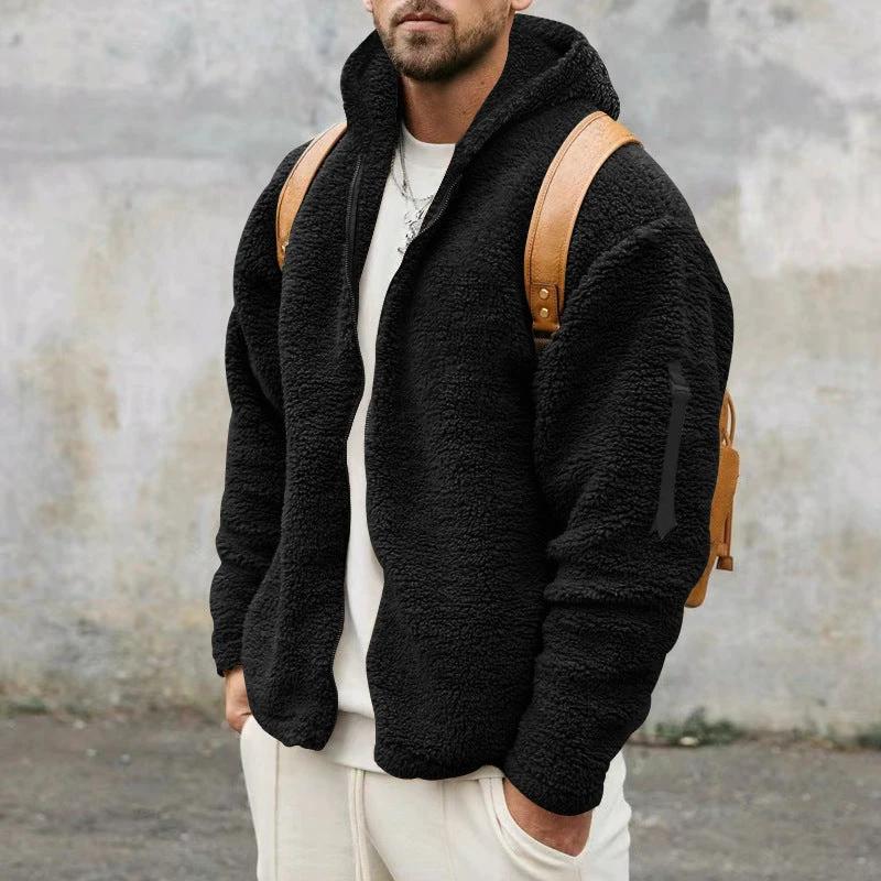 Plush Hooded Jacket Men's Autumn And Winter Fleece Double-sided Wear Warm Coat With Zipper Loose Casual Jacket Outdoor Clothing by GJG Denim