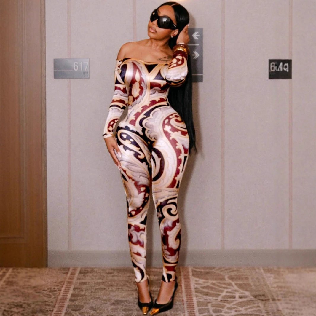 Sexy Print Off-shoulder Cinched Bodycon One-piece Trousers by GJG Denim
