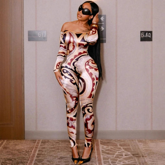 Sexy Print Off-shoulder Cinched Bodycon One-piece Trousers by GJG Denim