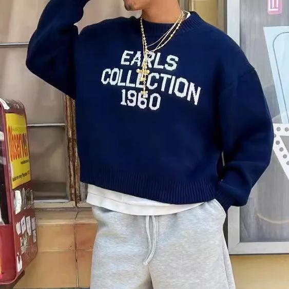 Men's Round Neck Long Sleeve Letters "Earl's Collection" Brocade Sweater by GJG Denim