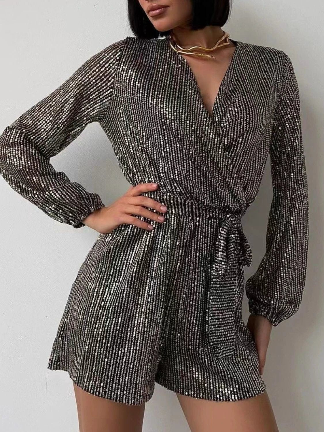 Full Size Sequin Surplice Tie Waist Long Sleeve Romper by Lady Ros