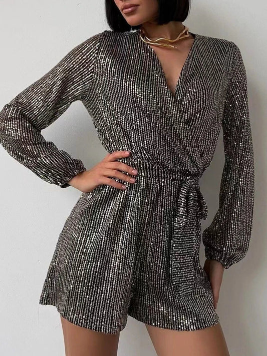 Full Size Sequin Surplice Tie Waist Long Sleeve Romper by Lady Ros