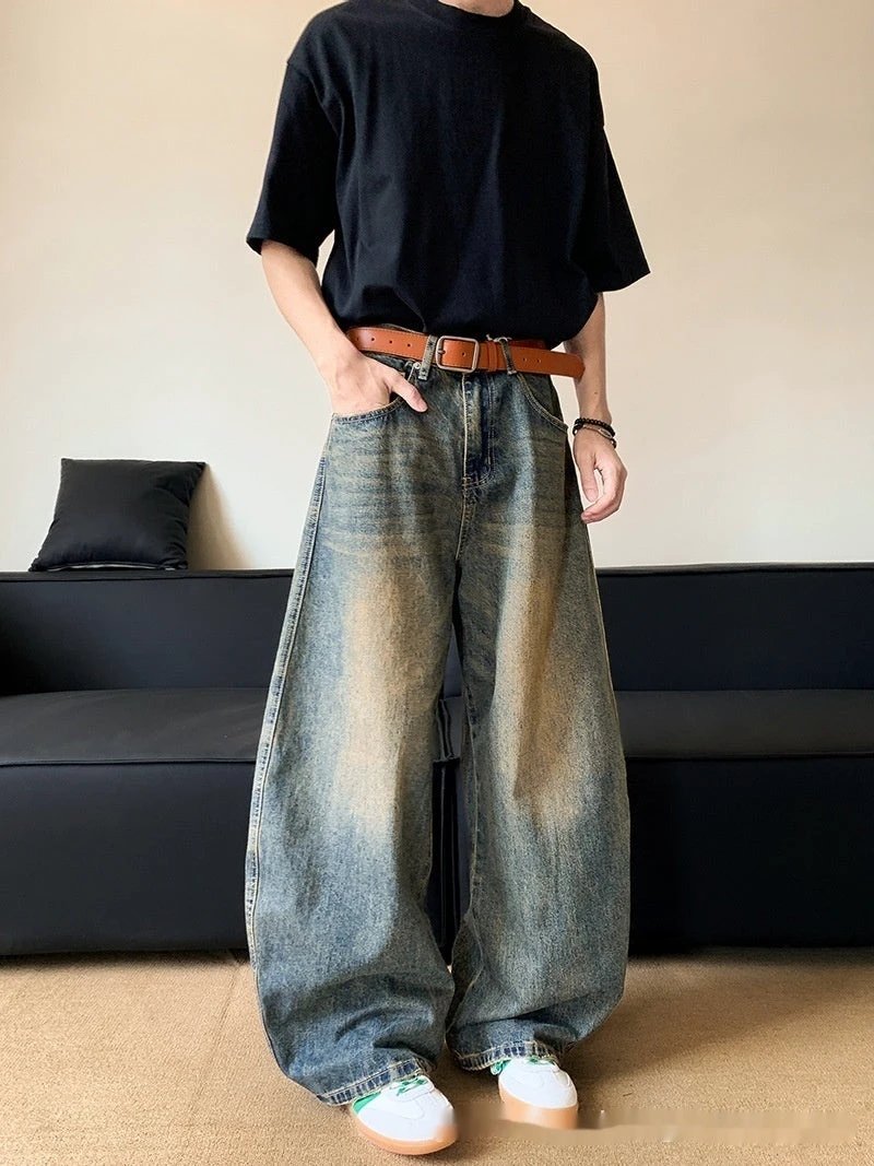 Men's Retro Distressed Machete Denim Slimming Wide-leg Jeans by GJG Denim