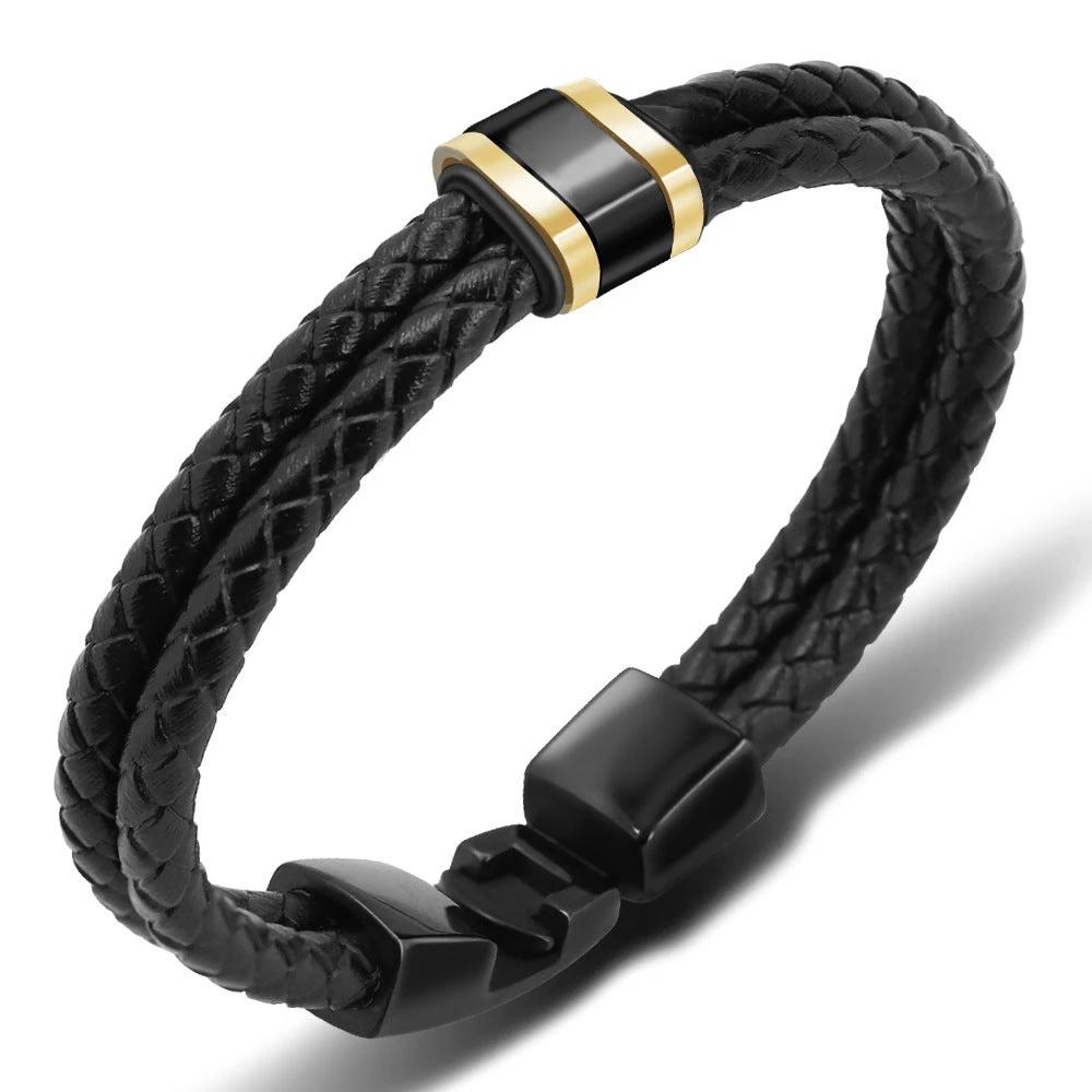 Black Leather Braided Stainless Steel Bead Bracelet For Men by GJG Denim