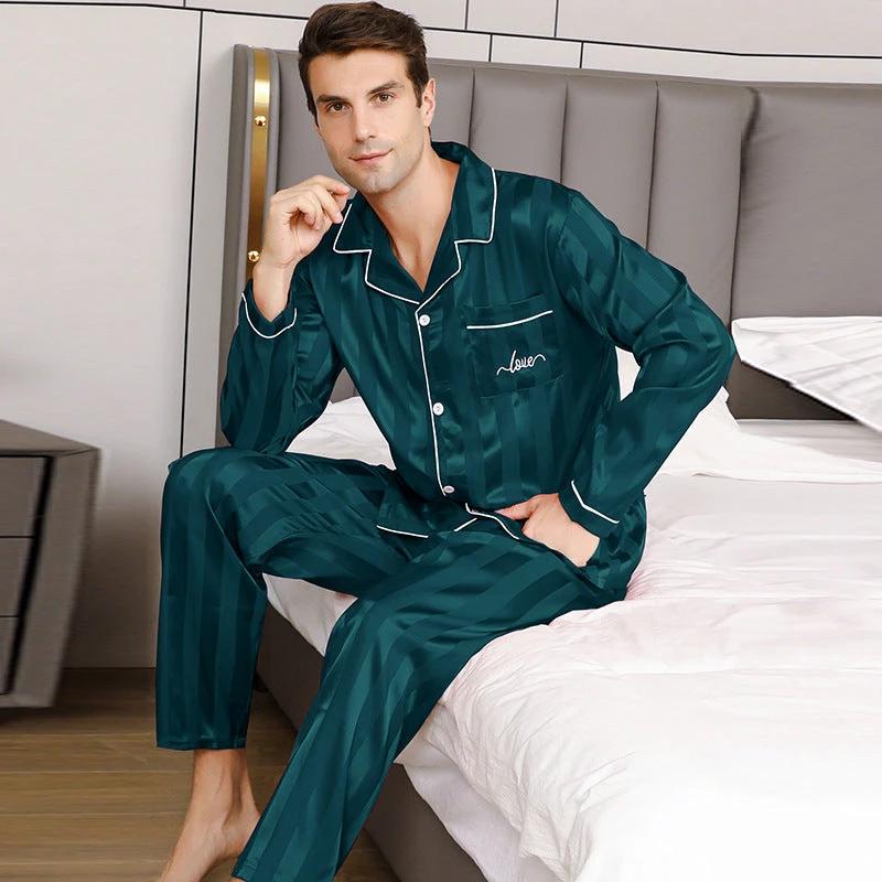 Men's Solid-Color Long-Sleeve And Long-Pant Pajamas Set by GJG Denim