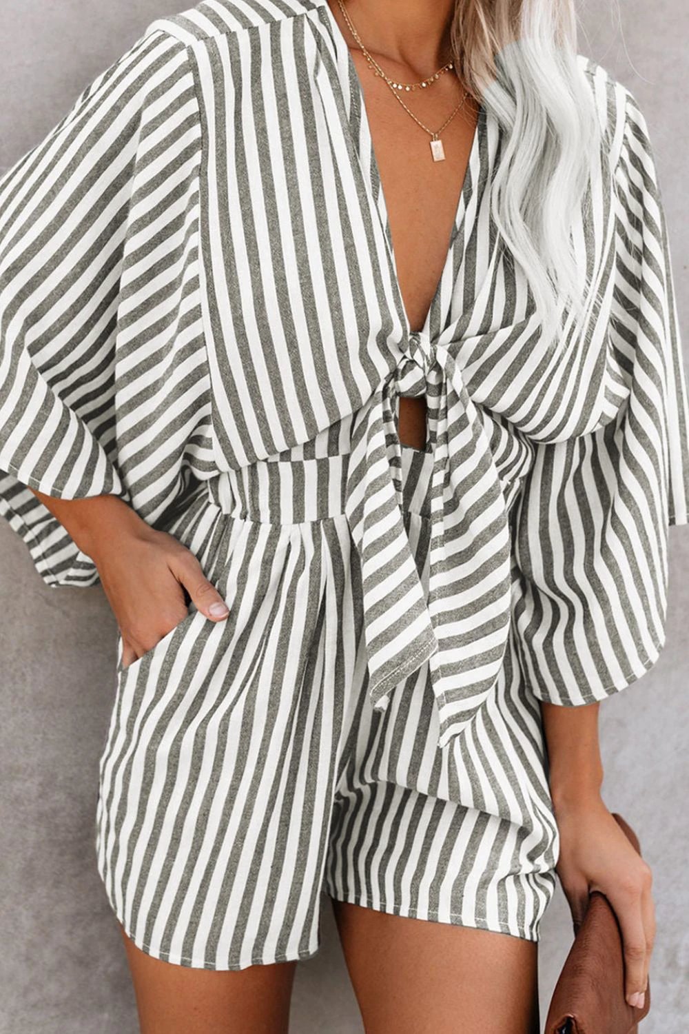 Bow Striped Kimono Sleeve Romper by Lady Ros