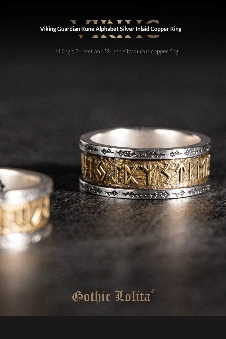 Viking Rune Alphabet Copper Ring With Silver Inlay For Men by GJG Denim