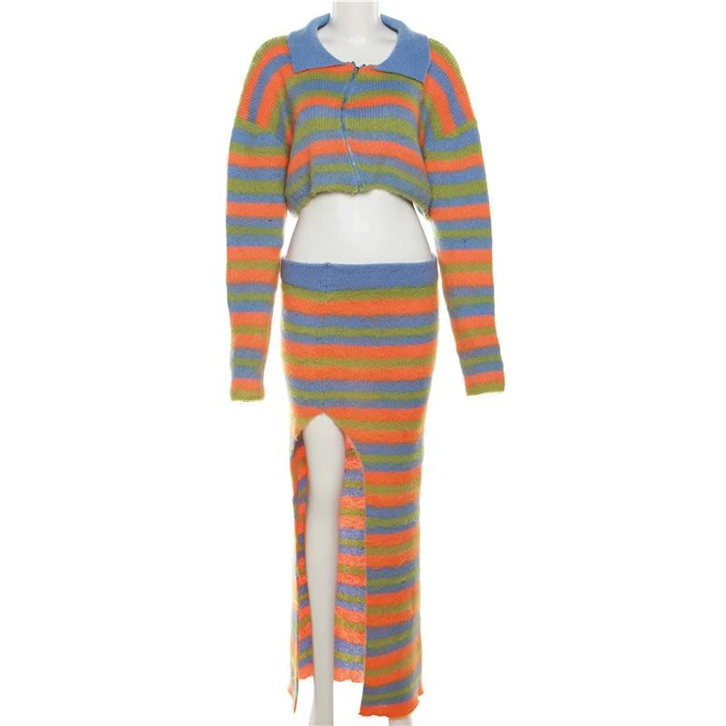 Stripe Sweater Crop Top Matching Long Skirt Split by GJG Denim