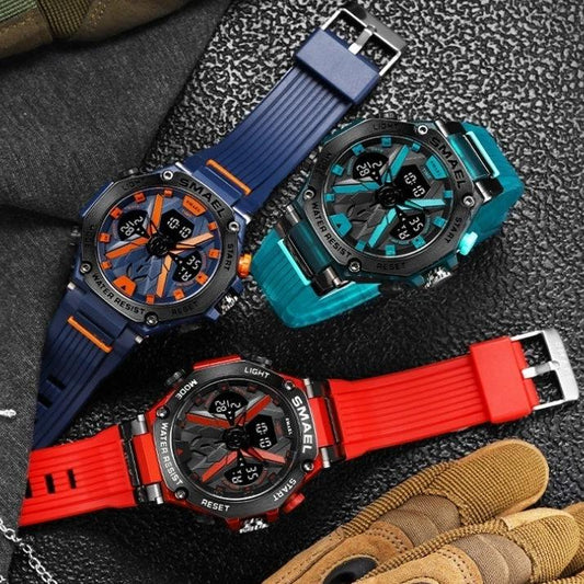 Men's Multifunctional Digital Double Display Waterproof Alloy Sports Quartz Watch by GJG Denim