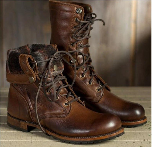Men's Retro Motorcycle Lace-Up Combat Boots Low Heel by GJG Denim