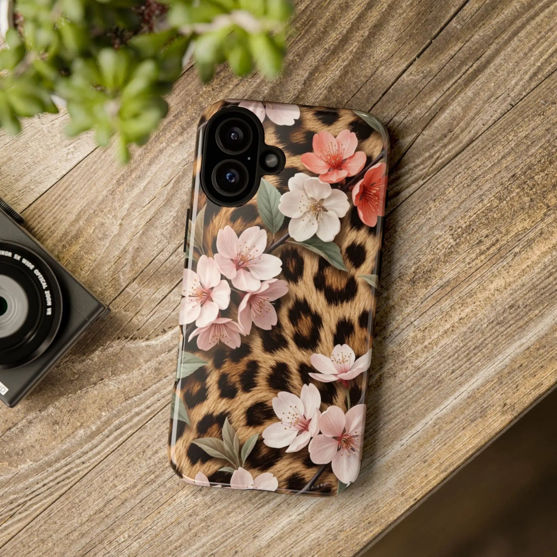 Leopard Floral Tough Case — Protective Phone Case with Pink Cherry Blossoms by Printify