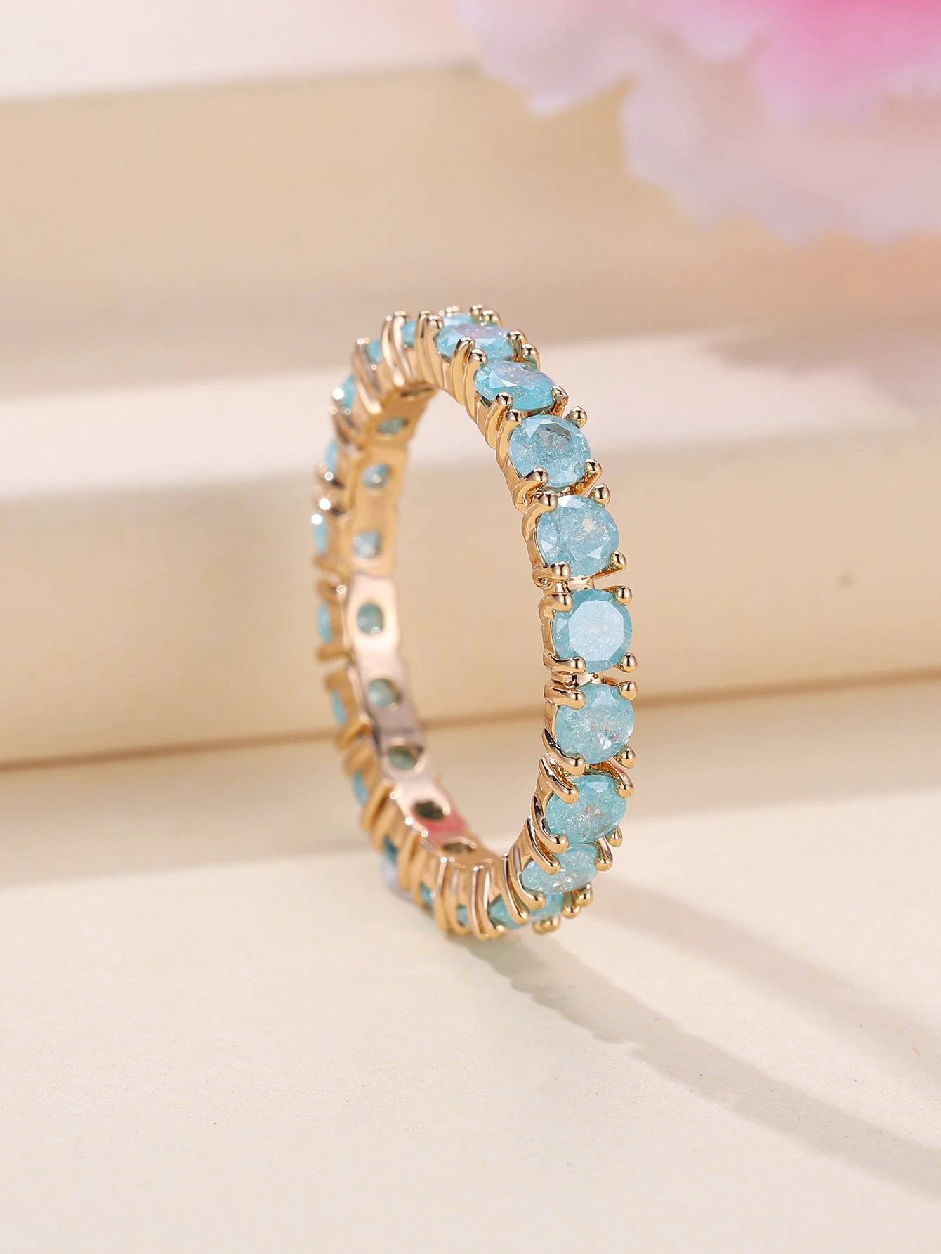 French Retro Champagne Gold Blue Ice Flower Zirconium Full Diamond Ring by GJG Denim