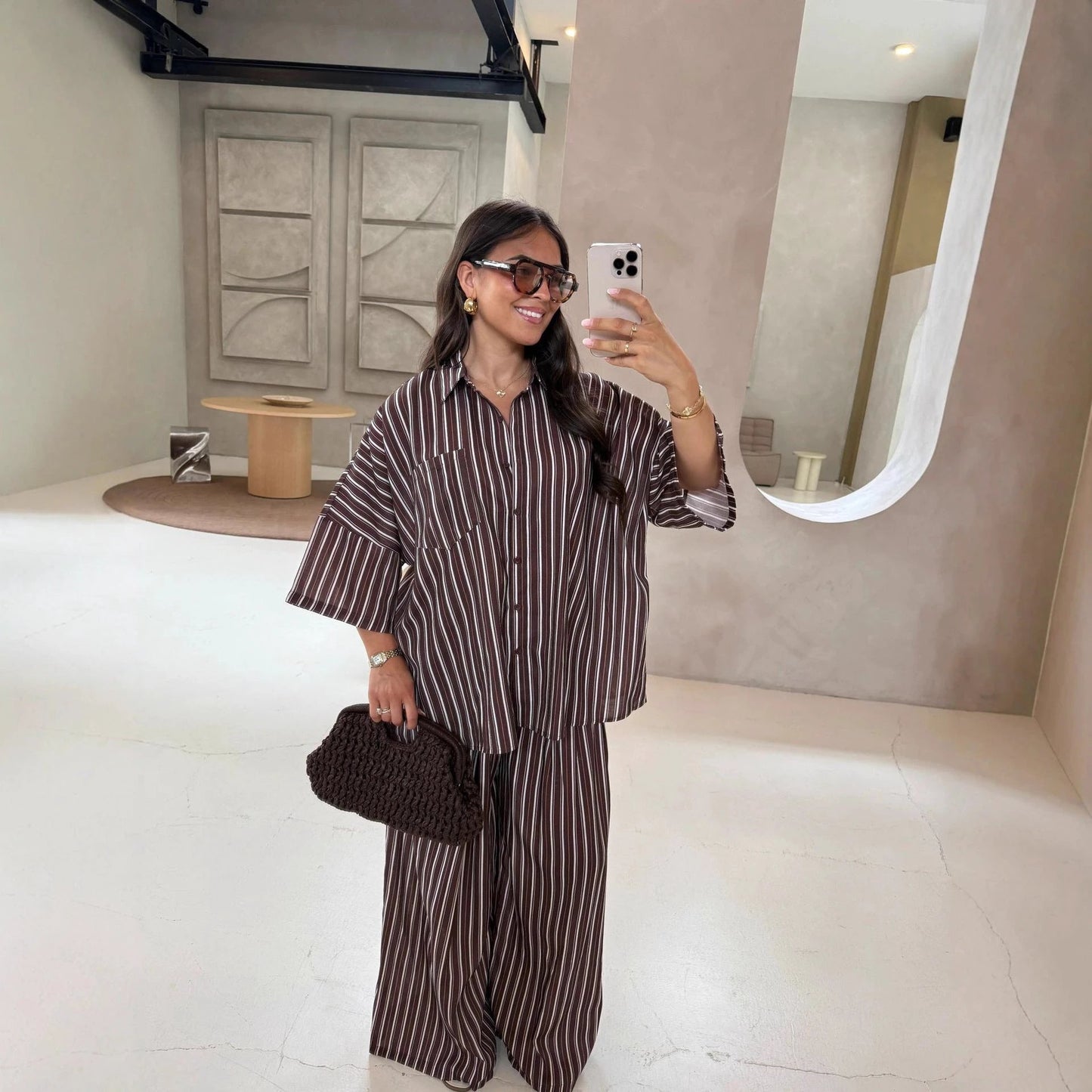 Casual Striped Shirt Wide Leg Pants Suit by GJG Denim