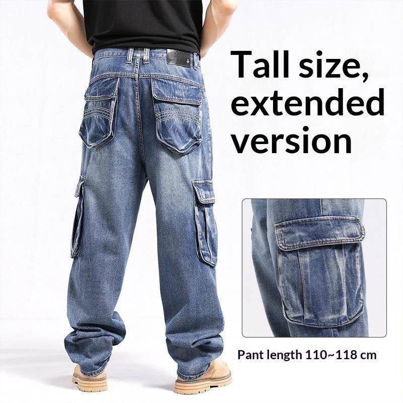 Tall Plus-size Stylish Wide-leg Jeans With Multiple Pockets For Men by GJG Denim