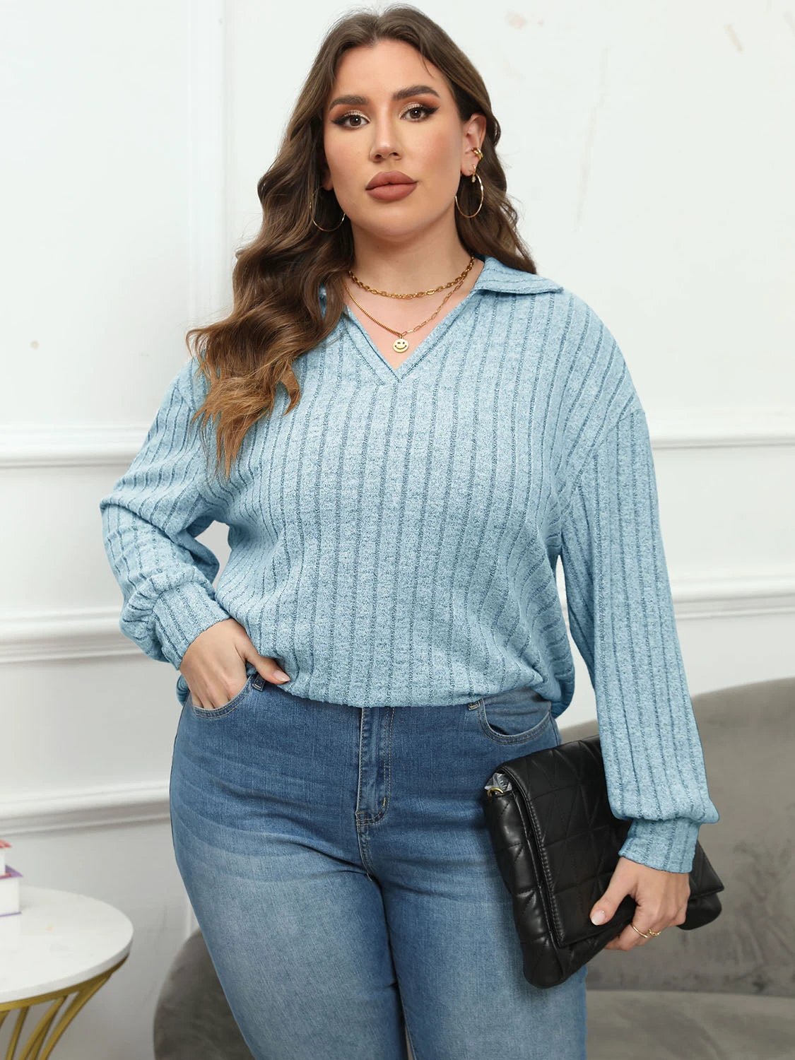 Plus Size Ribbed Collared Neck Long Sleeve Blouse by Lady Ros
