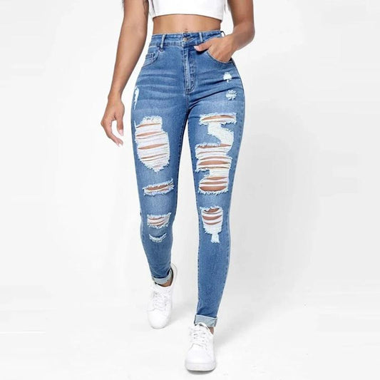 Skinny Jeans Women's High Waist Slim Fit Slimming Holes Skinny Pants by GJG Denim