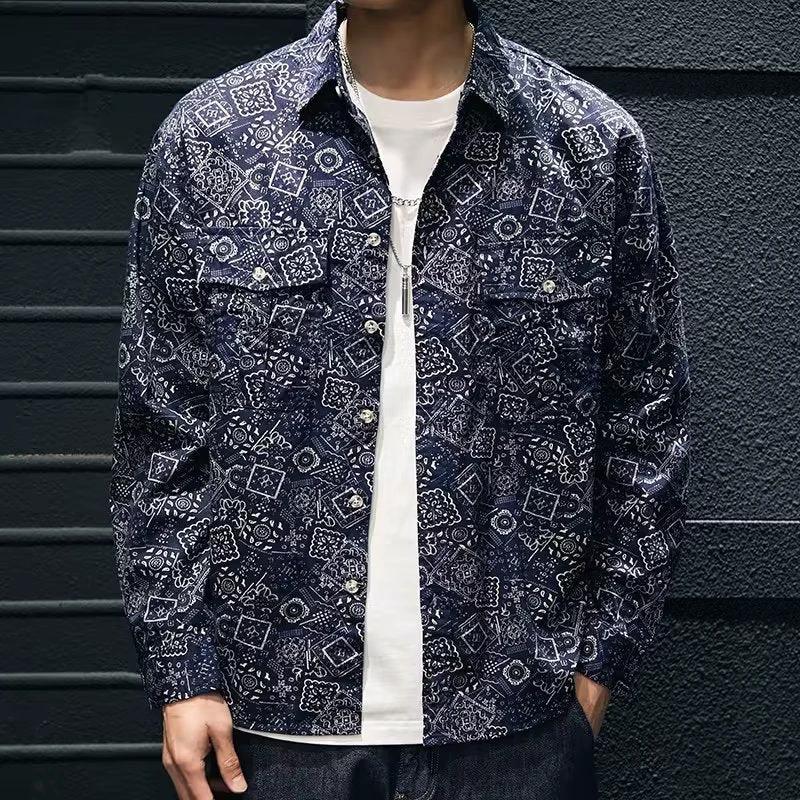 Social Style Denim Printing Men's Lapel Casual Shirt by GJG Denim