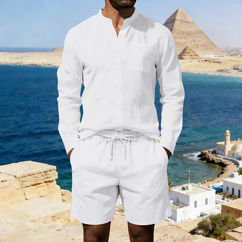 Men's Casual Linen Shirt And Shorts Set by GJG Denim