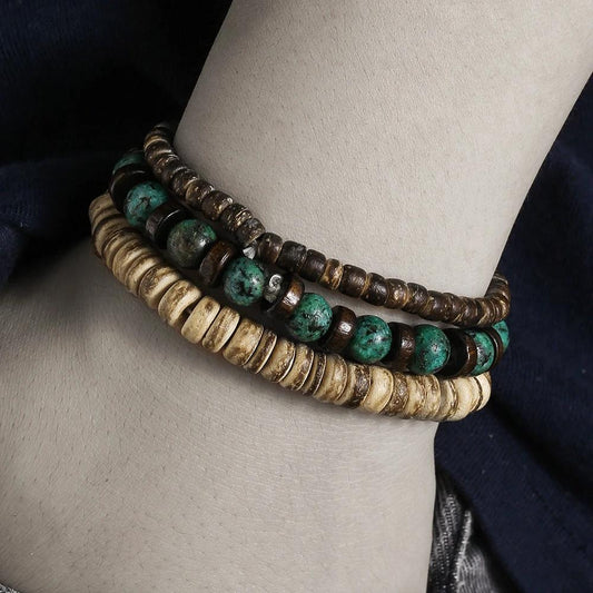 Retro Men's Coconut Wood Multi-Layer Stackable Bracelet Set by GJG Denim