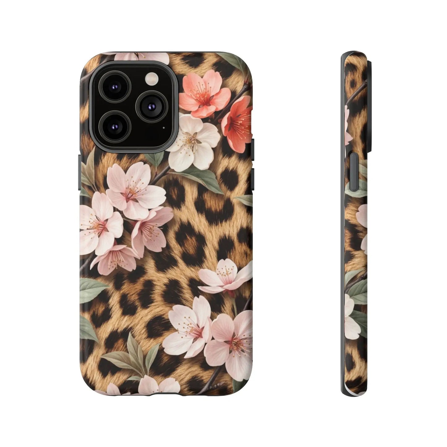 Leopard Floral Tough Case — Protective Phone Case with Pink Cherry Blossoms by Printify