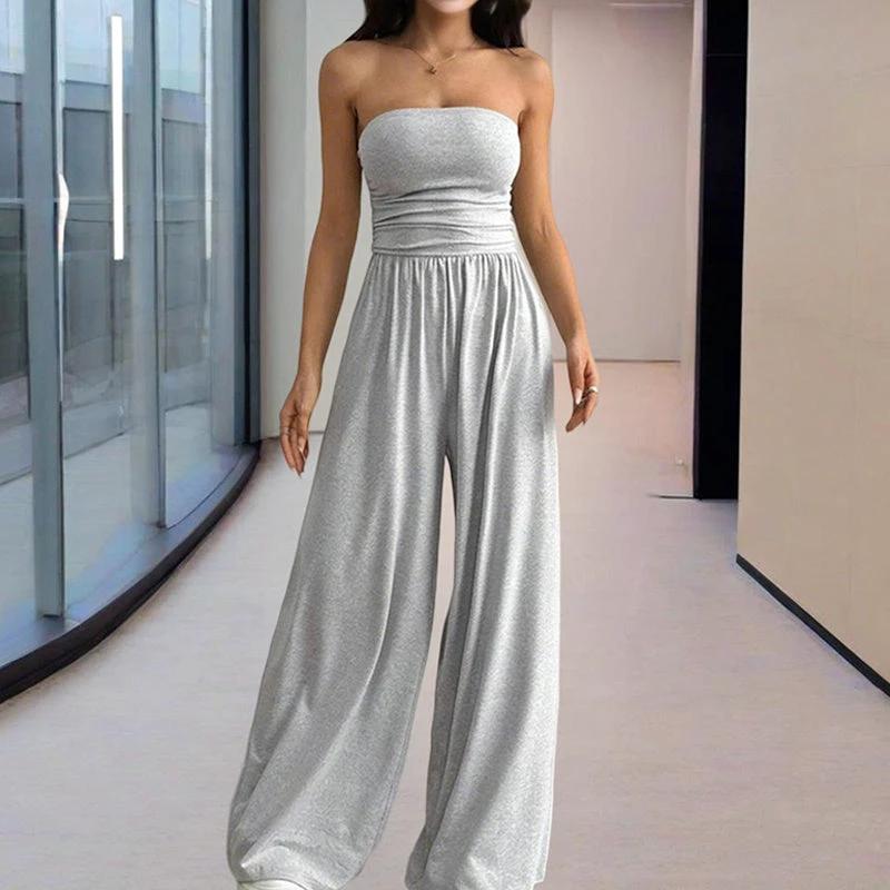 Women's Solid Color Strapless Jumpsuit Wide-Leg Palazzo Pants With Pleats Summer Fashion Outfit by GJG Denim